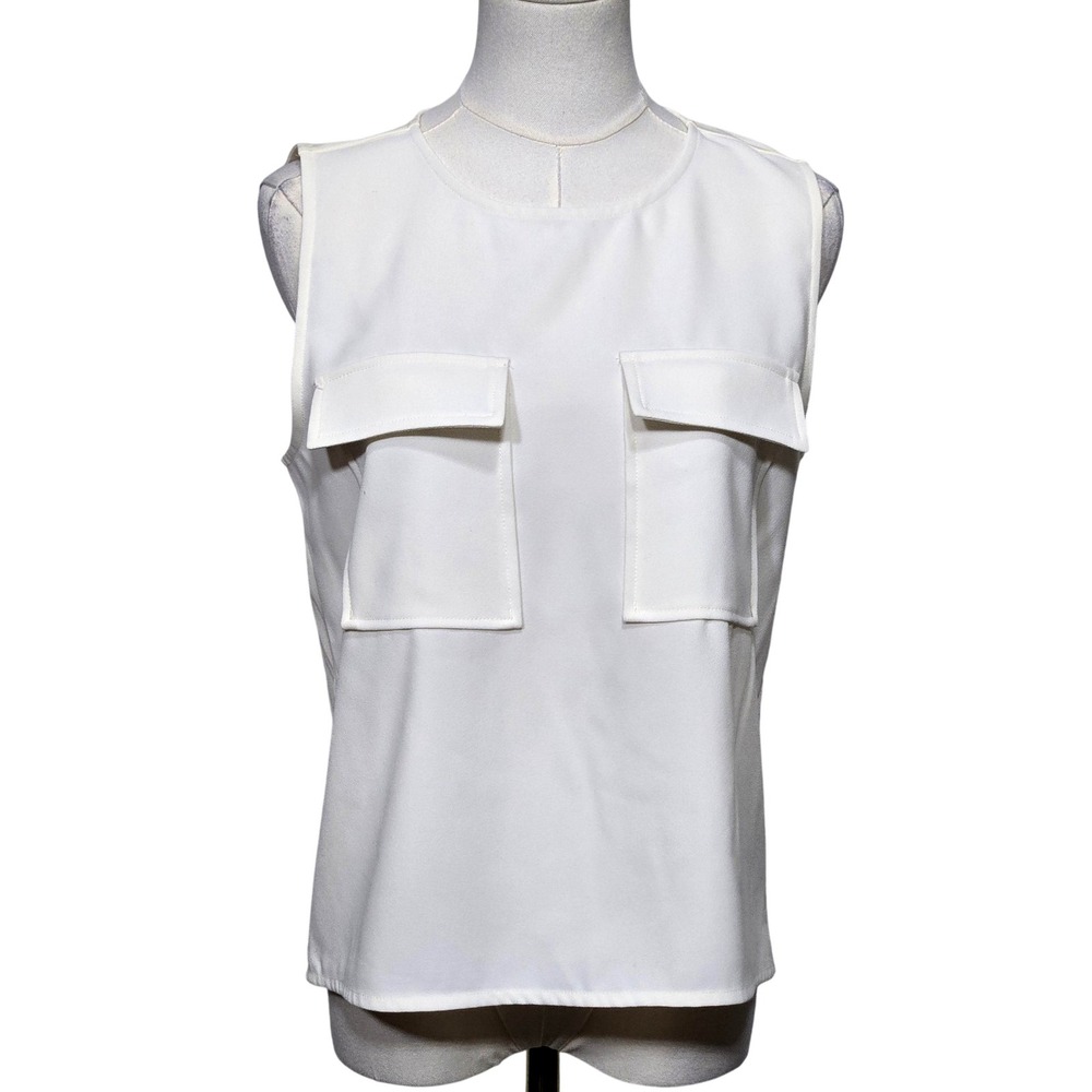 NWT ANN TAYLOR Sleeveless White Front Utility Pockets Rayon Blend Top